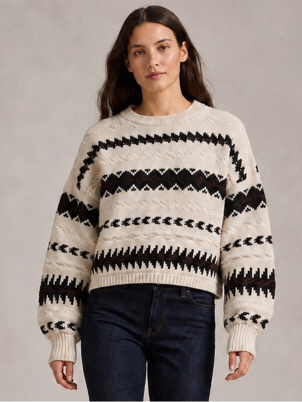Authentic Polo Ralph Lauren Cotton/Linen Geometric Jacquard Knit Cropped Sweater